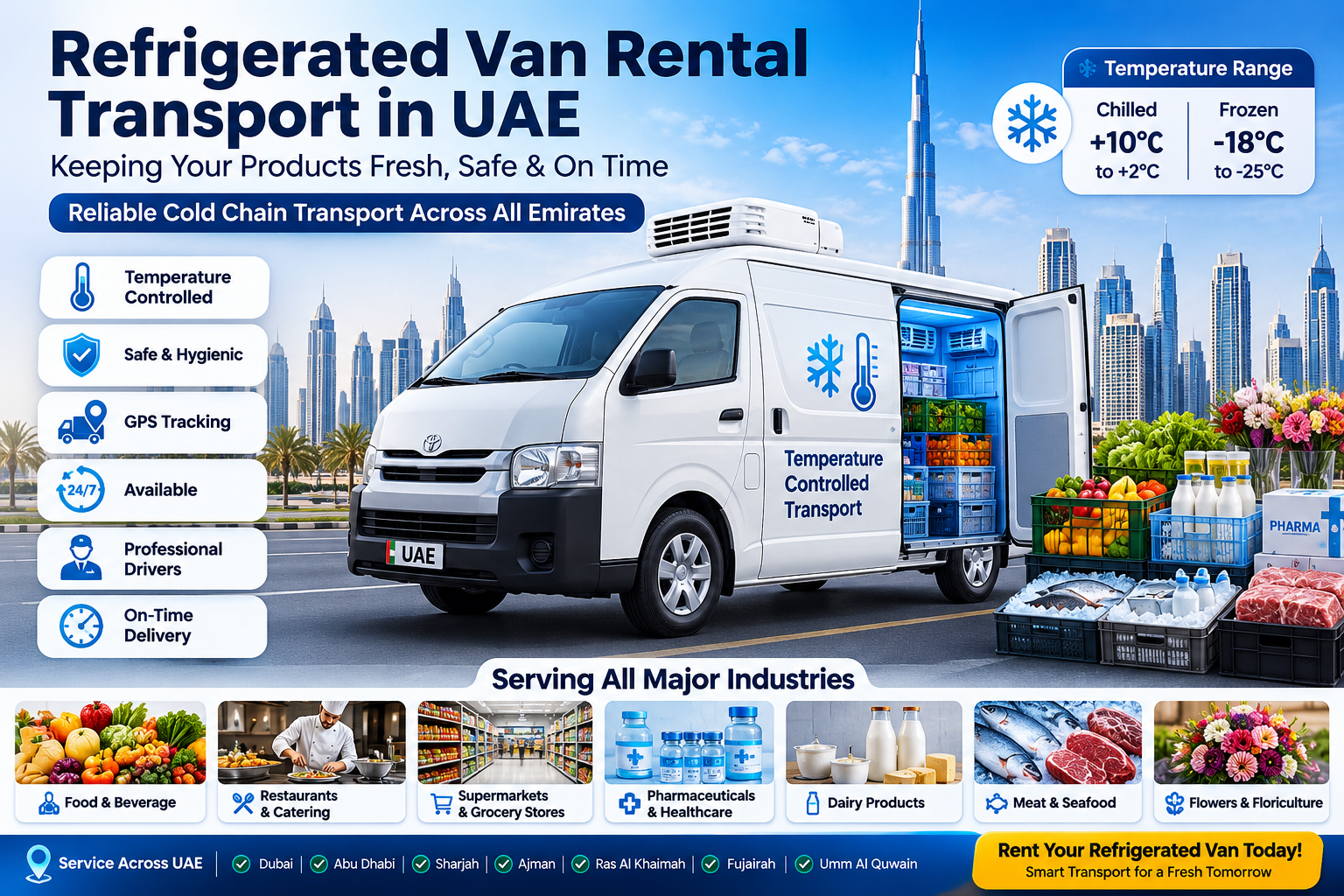 Read more about the article A chiller van is a temperature-controlled vehicle used to transport goods that must stay cold, such as:Fresh fruits and vegetablesDairy productsFrozen foodsMeat and seafoodFlowersMedicines and pharmaceuticalsBeveragesChiller van rental services are widely used across the UAE to maintain the cold chain and ensure products arrive fresh and safe.If you’re referring to your business, UBAID UAE General Transport provides chiller van rental services throughout the UAE for reliable temperature-controlled transport.